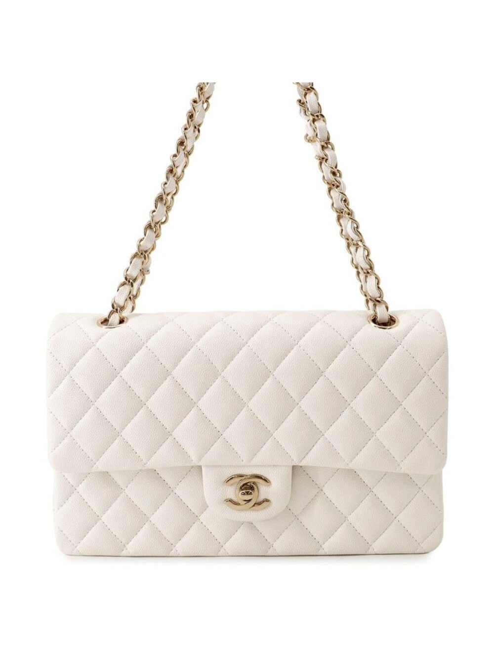 Chanel Chain Shoulder Bag Quilted 25 CC Logo Caviar Leather Double White
